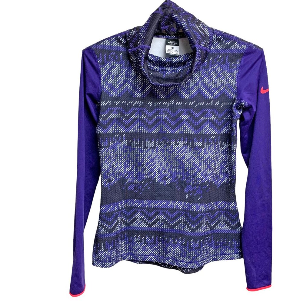 Nike Pro DriFit Purple Geometric‎ Print Cowl Neck Long Sleeve Pullover